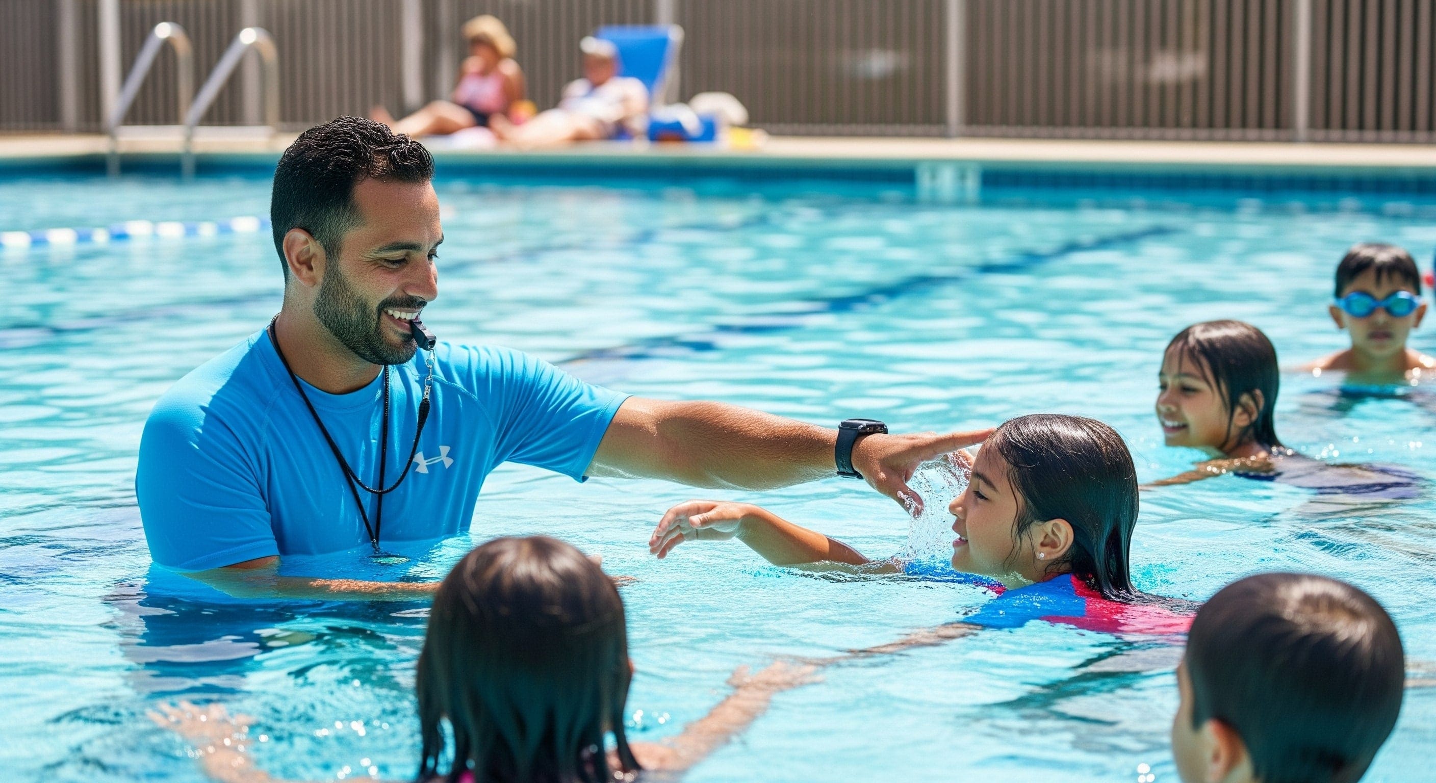 Swimmers in a sunlit pool